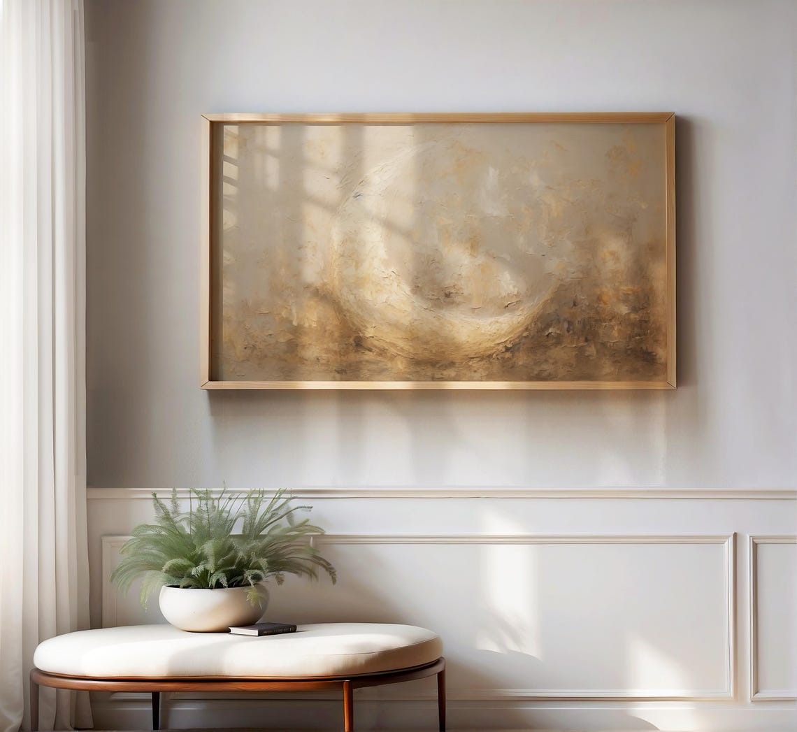Textured Crescent Moon Painting For Frame Tv Islamic Art Gold Beige Abstract Lunar Decor Ramadan Wall Art Elegant Minimalist Islam Aesthetic - Image 2