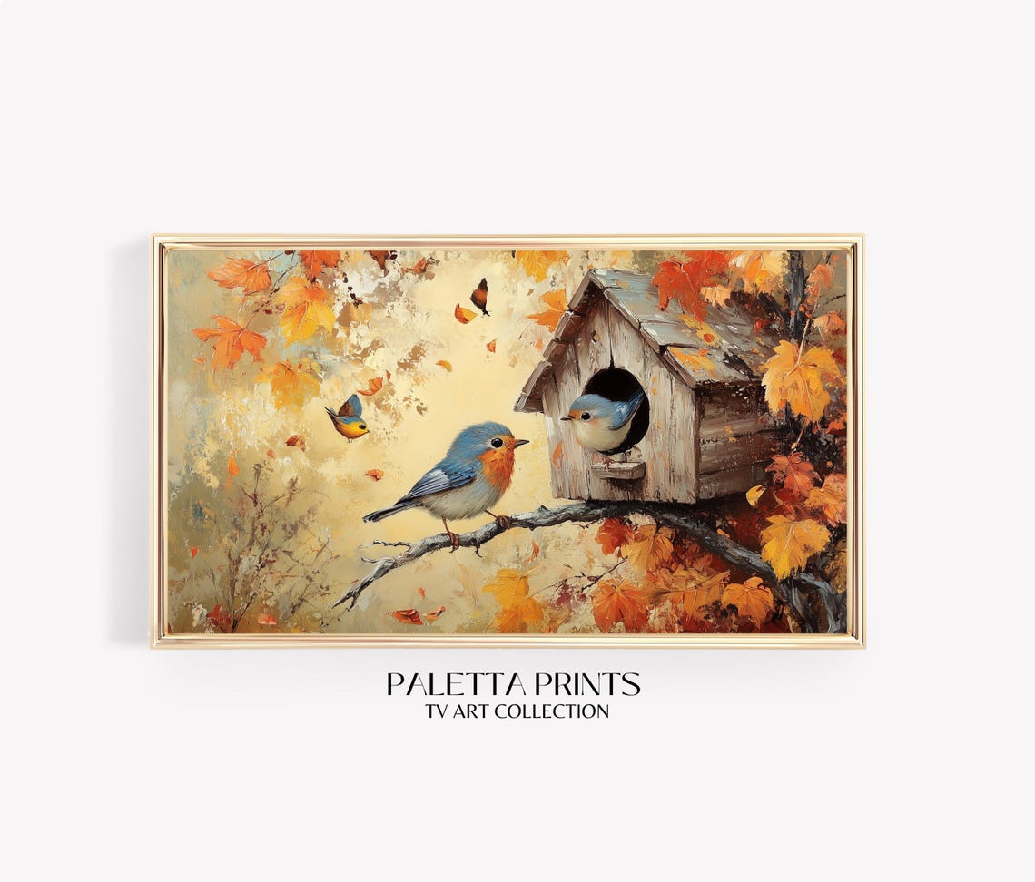 Bluebirds at Rustic Birdhouse Fall Leaves Vintage Bird Art Wall Poster