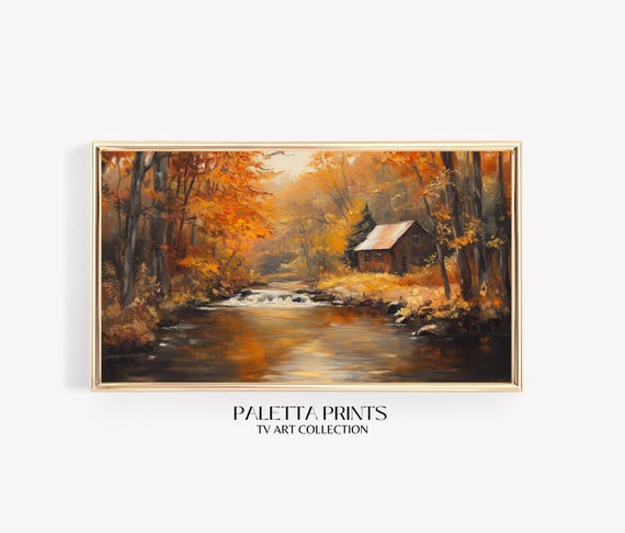 Frame Tv Moody Cabin By River Art Art For Frame Tvs Nature Tv Art Rustic Countryside Tv Art Fall Art Paletta Prints
