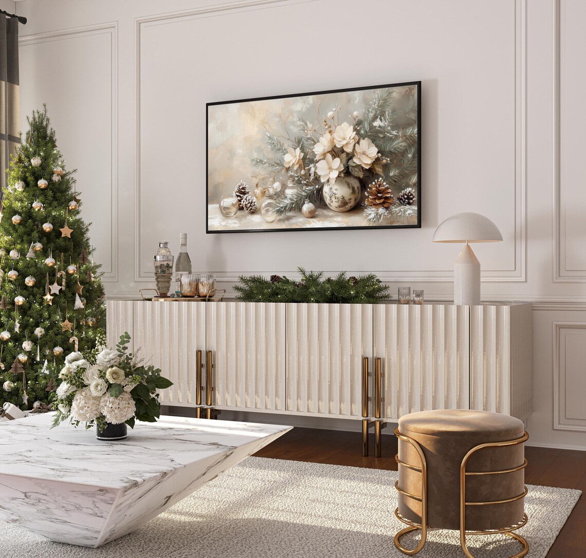 Christmas Floral Frame TV Art, Neutral Holiday Art Print - Image 3
