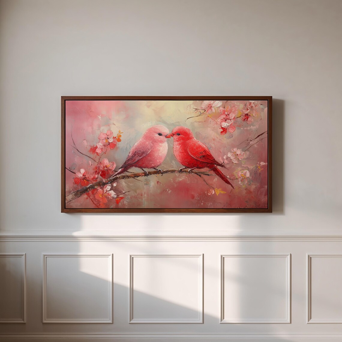 Red Pink Lovebirds Kissing on Cherry Blossom Branch Art Poster - Image 3