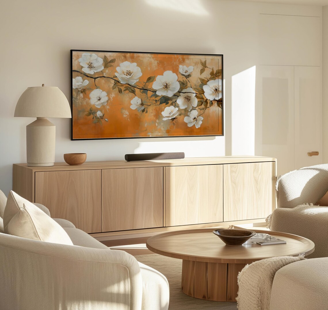 White Blossoms On Branch Textured Orange Vintage Floral Art Poster - Image 3