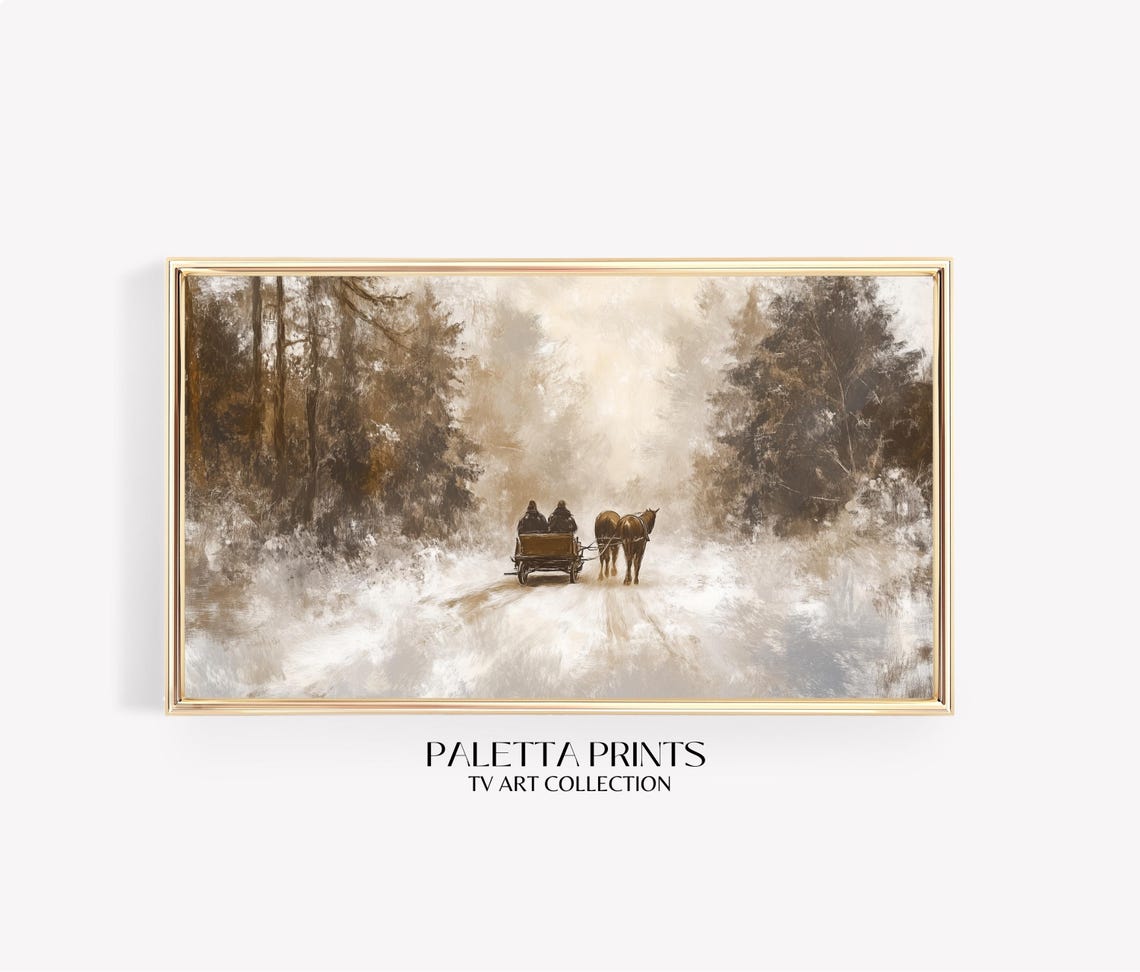 Horse Drawn Carriage Snowy Forest Path Warm Sepia Winter Scene Poster