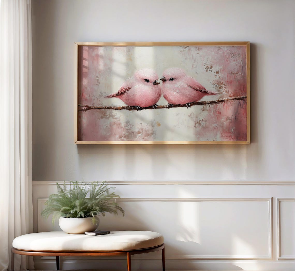 Two Pink Birds Beaks Touching Branch Romantic Bird Art Poster - Image 2