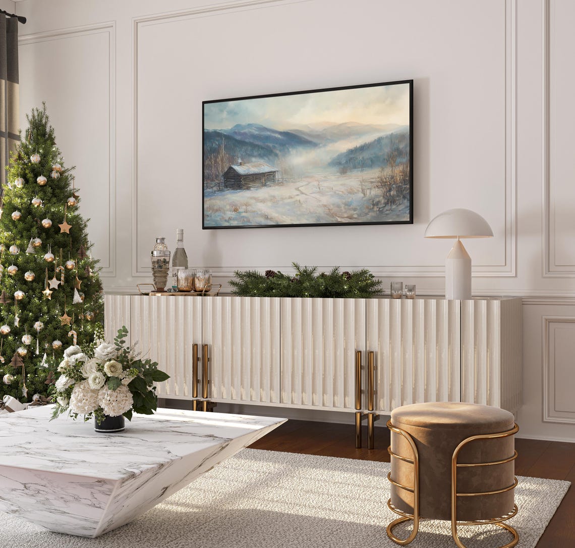 Rustic Winter Cabin In Snowy Mountain Landscape Frame Tv Art Serene Nature Scene Neutral Painting Winter Art - Image 3