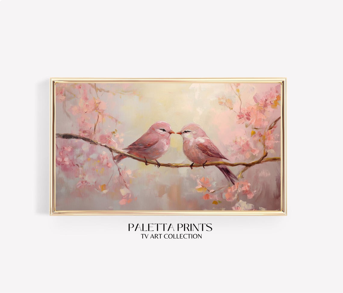 Pink Lovebirds Cherry Blossom Branch Spring Romance Art Poster