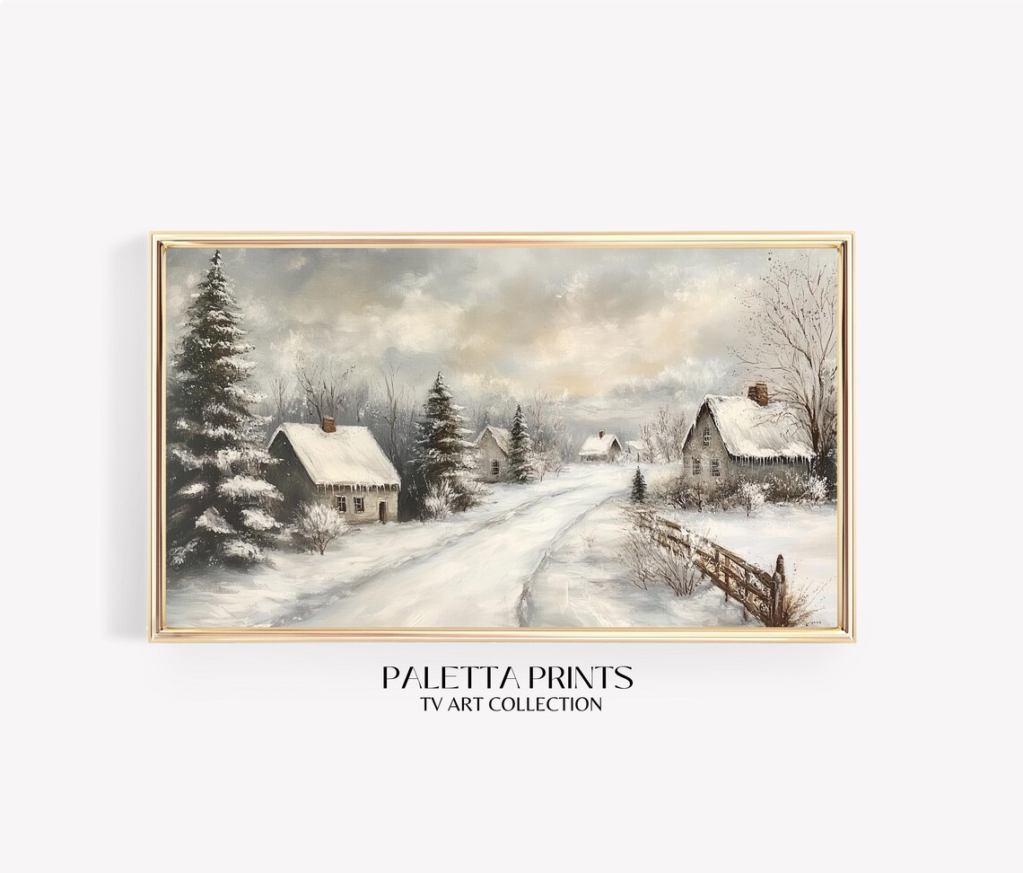 Snowy Village Road With Cottages Vintage Winter Landscape Art Poster