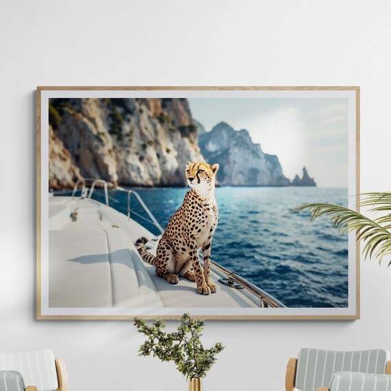 Fine Art Cheetah On Yacht Print Framed Photography Luxury Wildlife Coastal Wall Decor