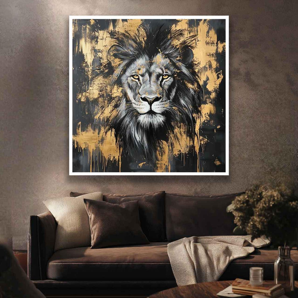 Lion Painting Gold And Black Lion Portrait Modern Lion Painting Wildlife Art King Lion Print Minimalist Safari Wall Art - Image 4