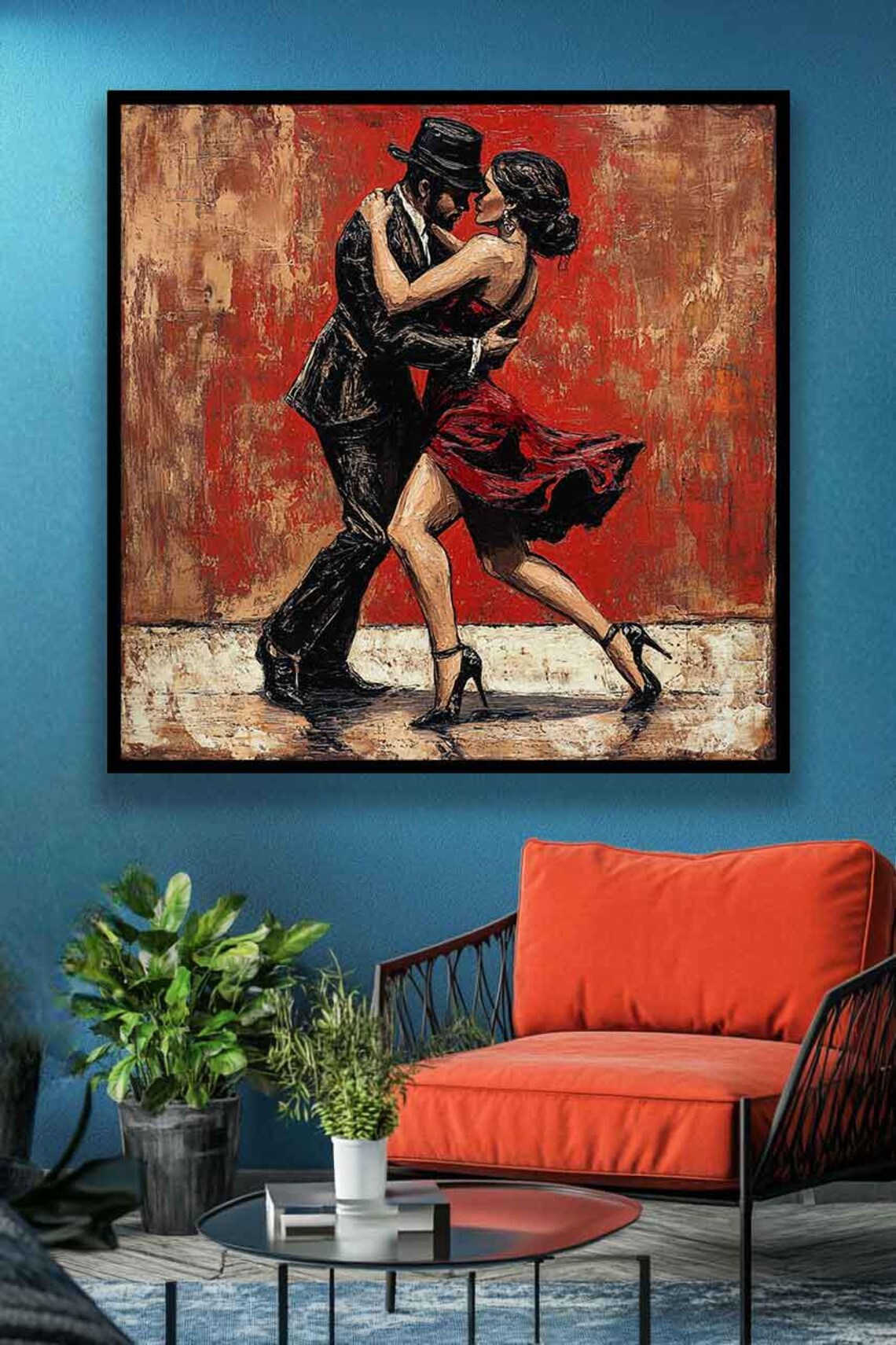 Tango Dance Couple Embracing Before Textured Crimson Wall Poster