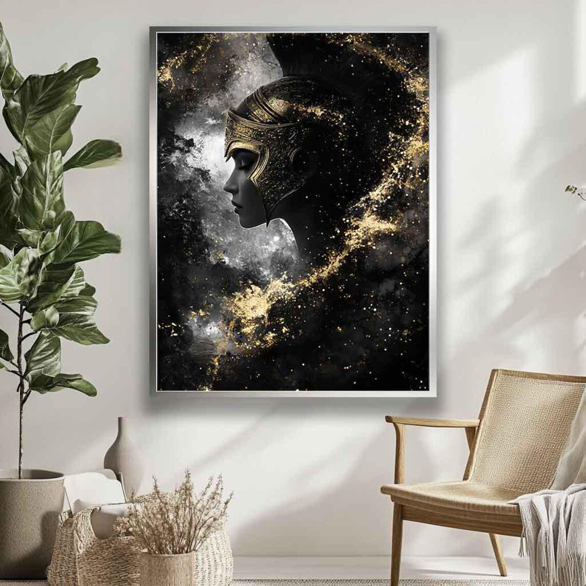 Female Spartan Warrior Helmet Gold Black Profile Art Wall Poster - Image 4