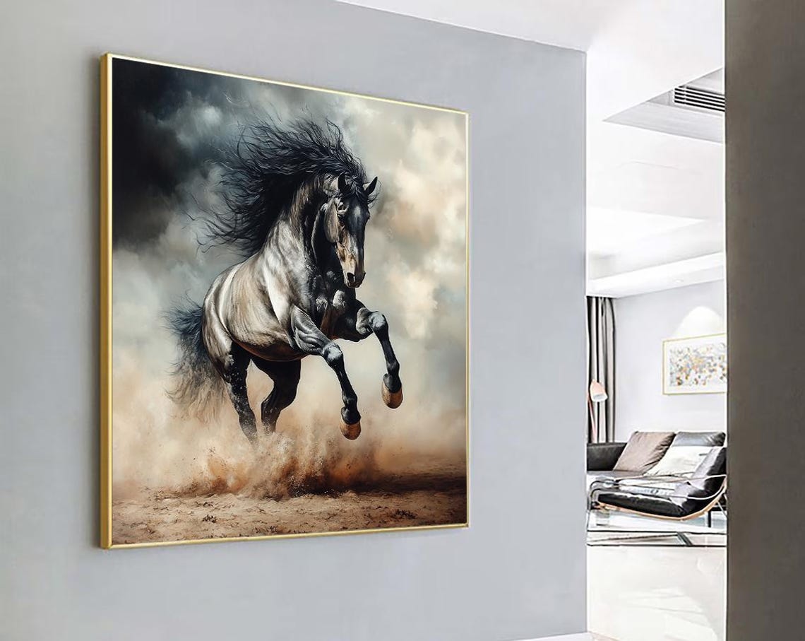 Horse Painting Black Horse Decor Dark Horse Wall Art Running Horse Art Framed Wall Art Horse Poster Ready To Hang