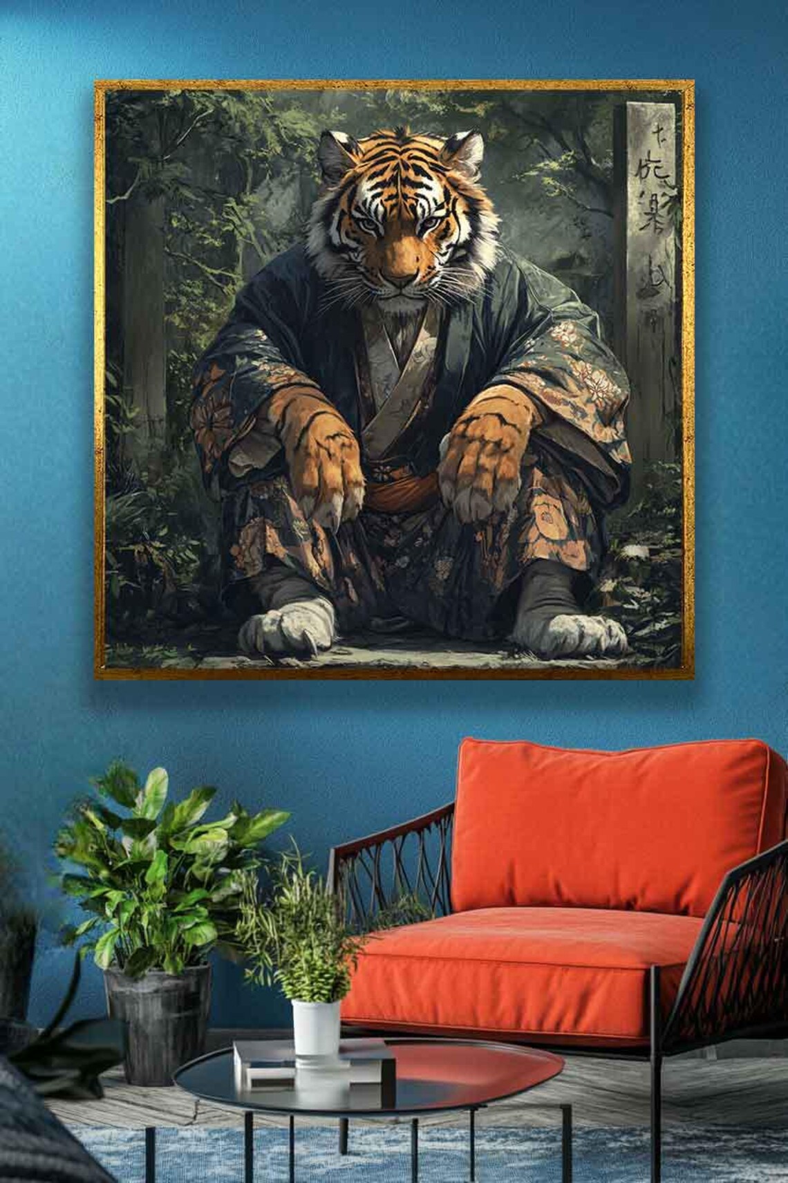 Regal Tiger in a Kimono Sitting Peacefully in a Forest Art Poster - Image 2