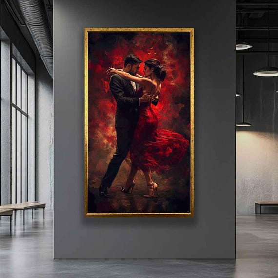 Passionate Tango Dance Print Romantic Couple Painting Red Dress Wall Decor Dance Studio Ballroom Dance Framed Print Unique Gift