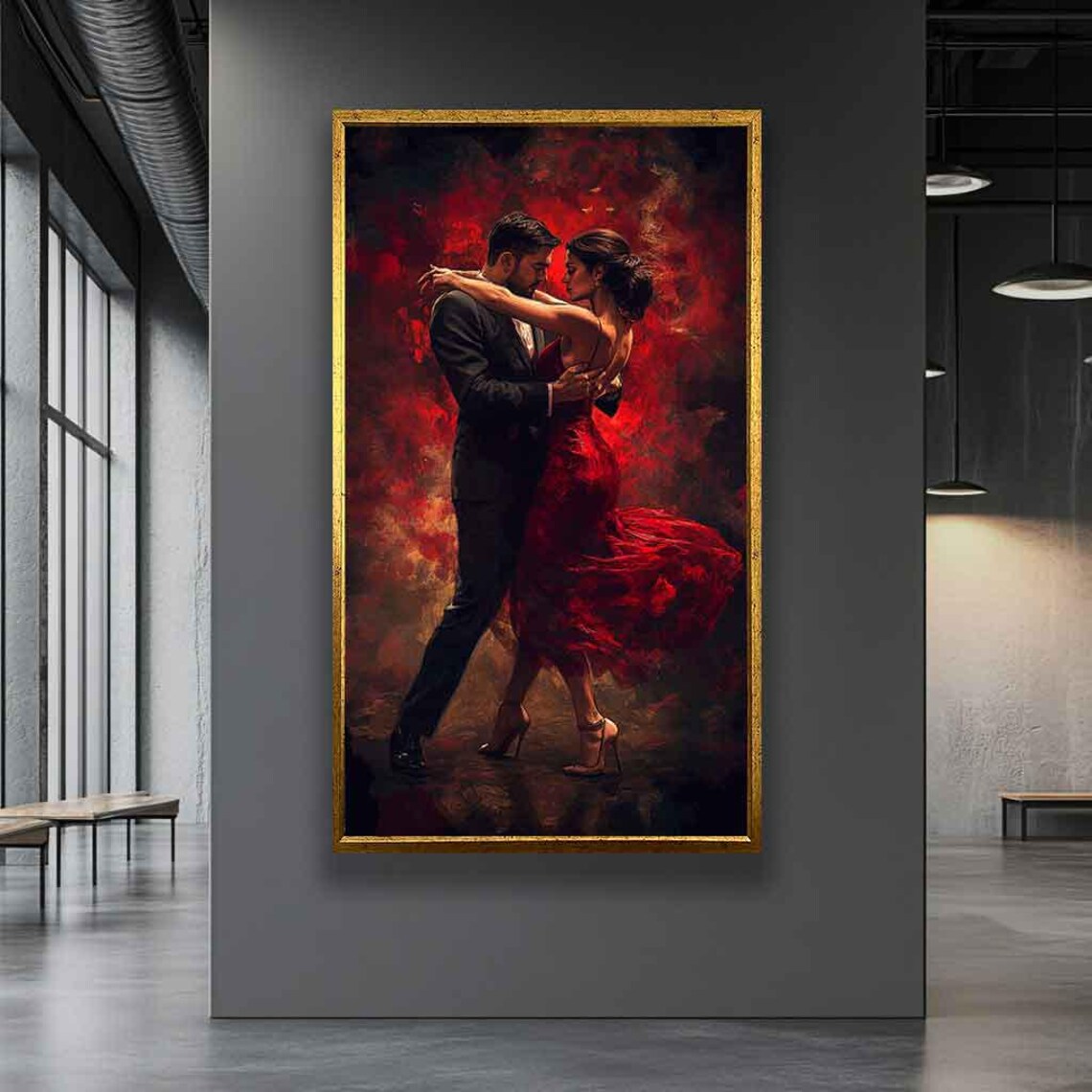 Passionate Tango Dancers Embracing in Dark Crimson Red Glow Poster