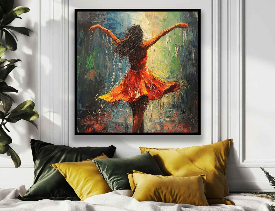 Woman Dancing In Rain Joyful Orange Dress Freedom Wall Poster - Image 5