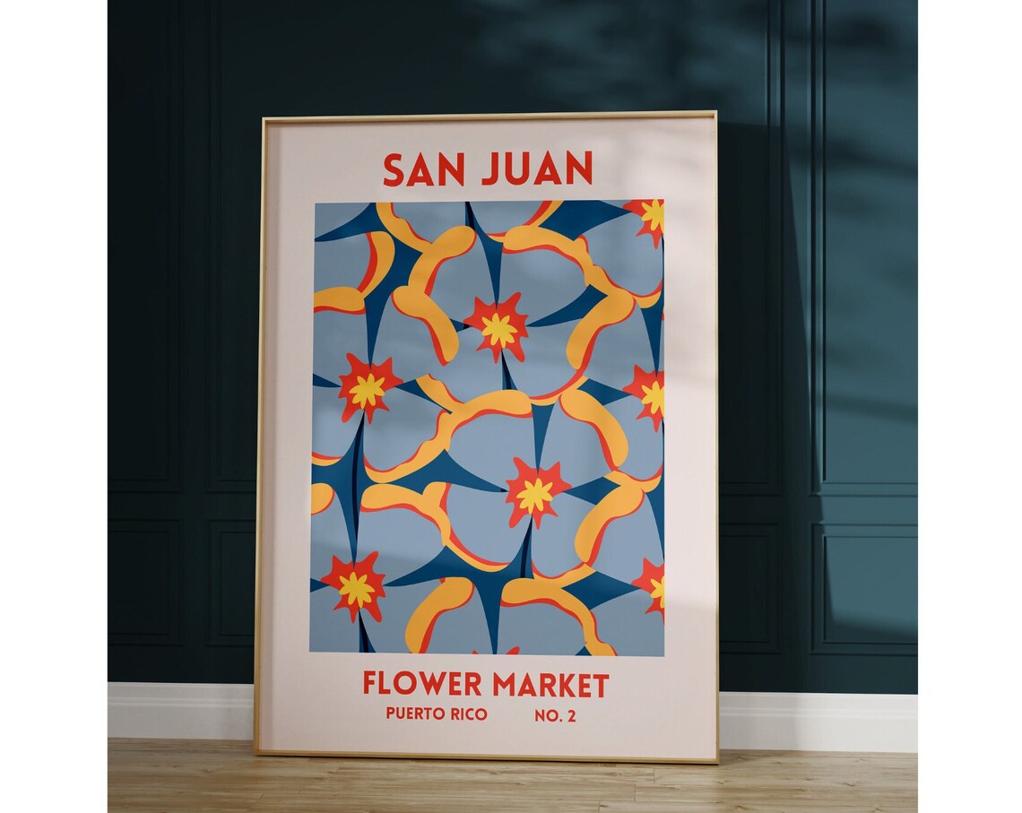San Juan Puerto Rico Flower Market Blue Orange Floral Travel Poster