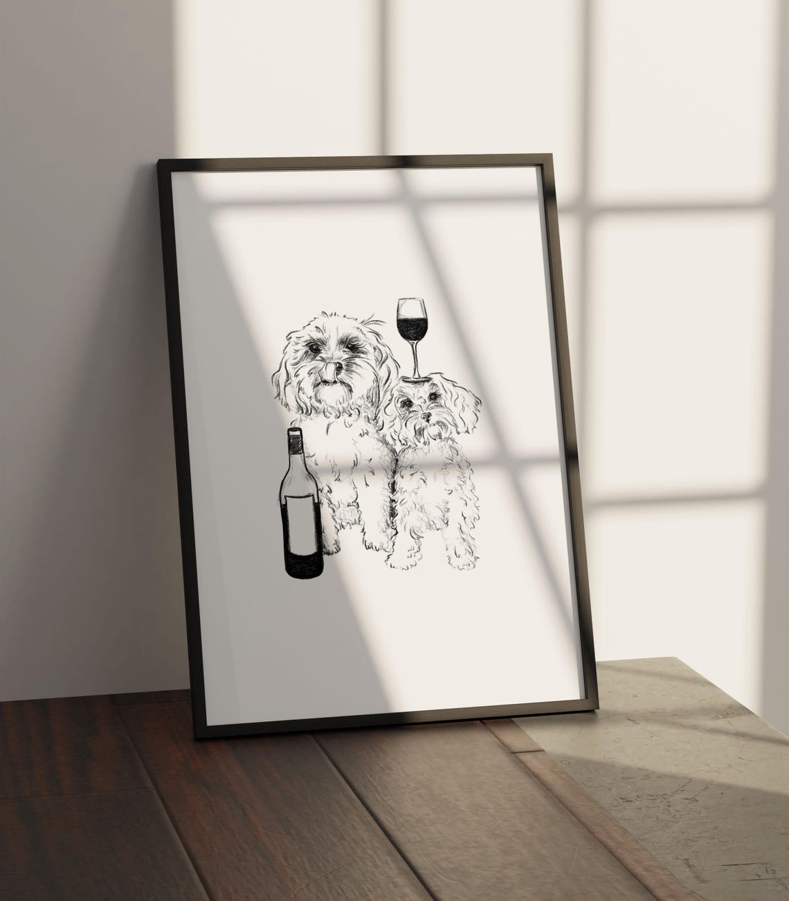 Cavapoo Dogs And Wine Drawing, Art Print - Image 2