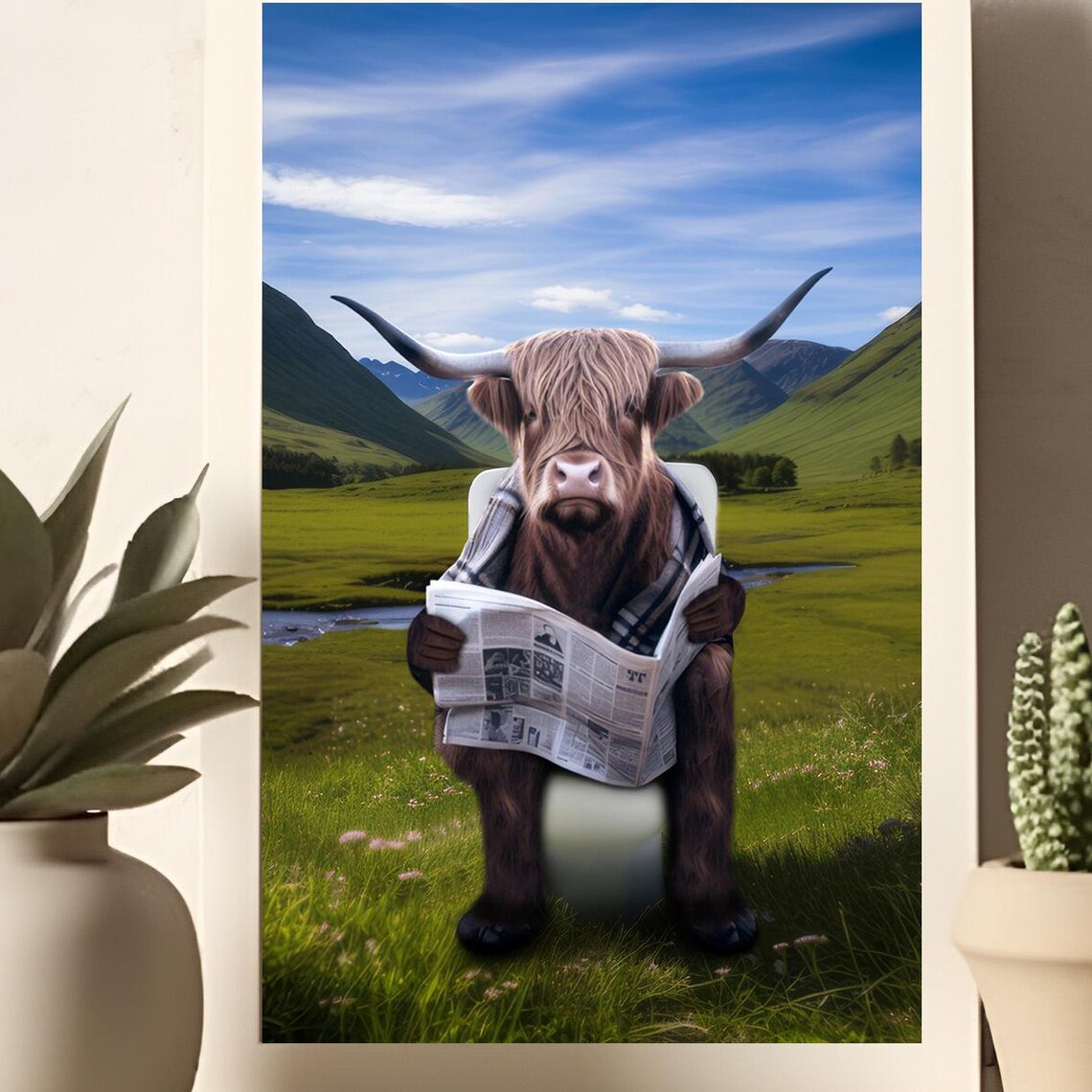 Highland Cow on a Toilet, Funny Bathroom Art Print