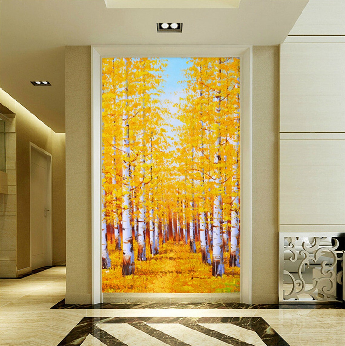 Golden Yellow Birch Forest With White Trunks Autumn Oil Poster - Image 4
