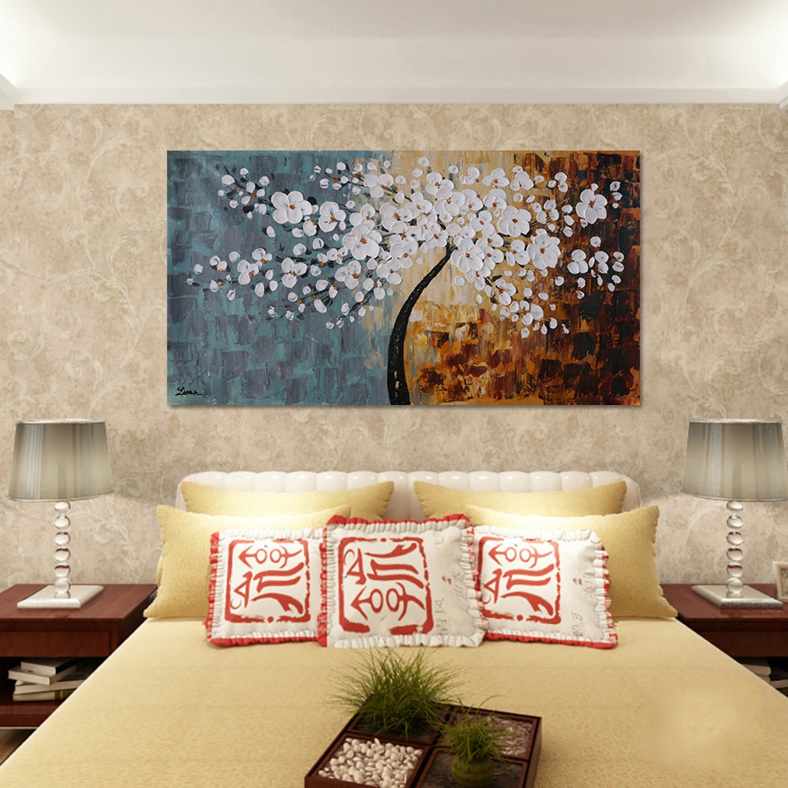 White Flowering Tree On Teal Amber Split Canvas Oil Paint Poster - Image 3