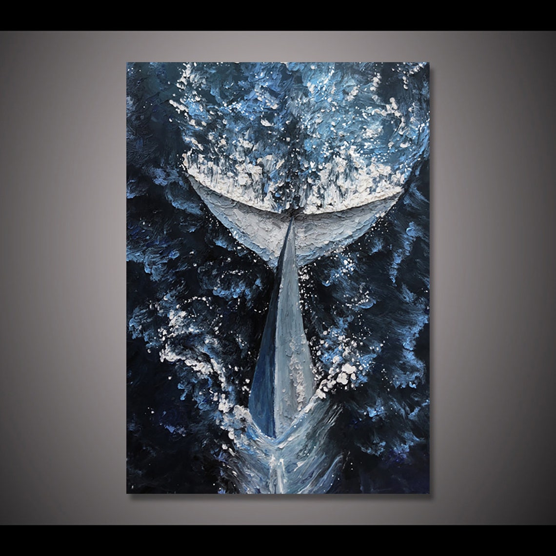 Blue Whale Tail Diving Deep Ocean 3D Impasto Oil Painting Wall Art
