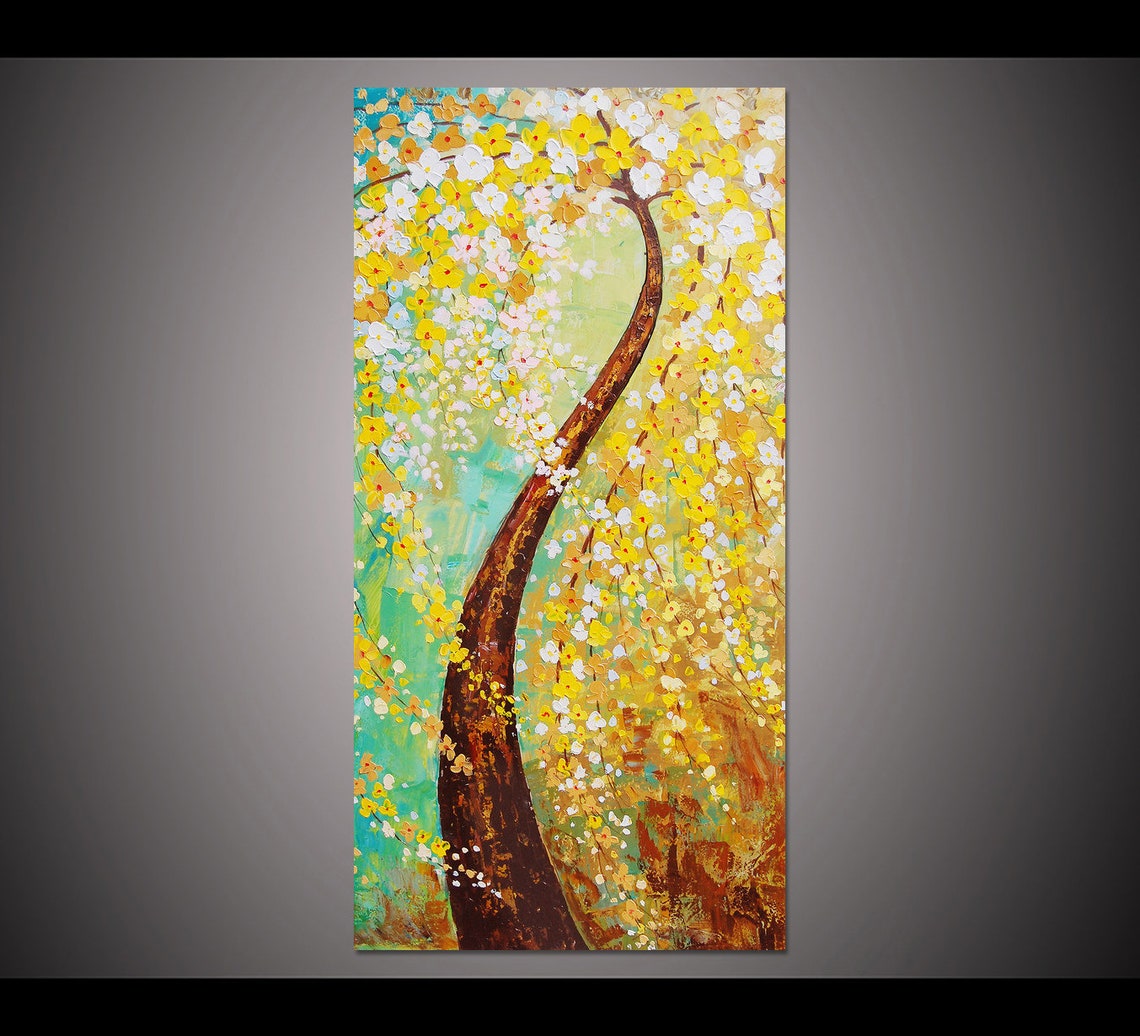 Curved Trunk Tree With Yellow White Blossoms Teal Oil Poster