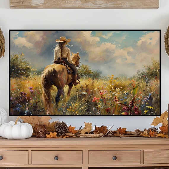 Cowgirl on Horseback in Wildflower Meadow Rustic Western Poster