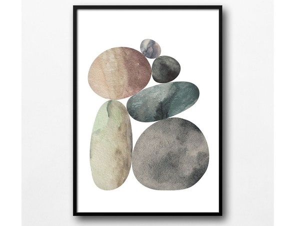 Abstract Watercolor Balanced Stones Stacked Rock Pile Modern Art Print Multicolor Neutral Organic Zen Cairn Design Art