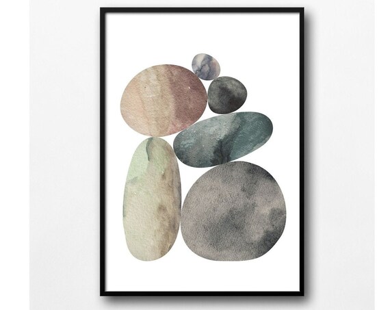 Earthy Watercolor Pebble Stones Abstract Zen Art Wall Decor Poster