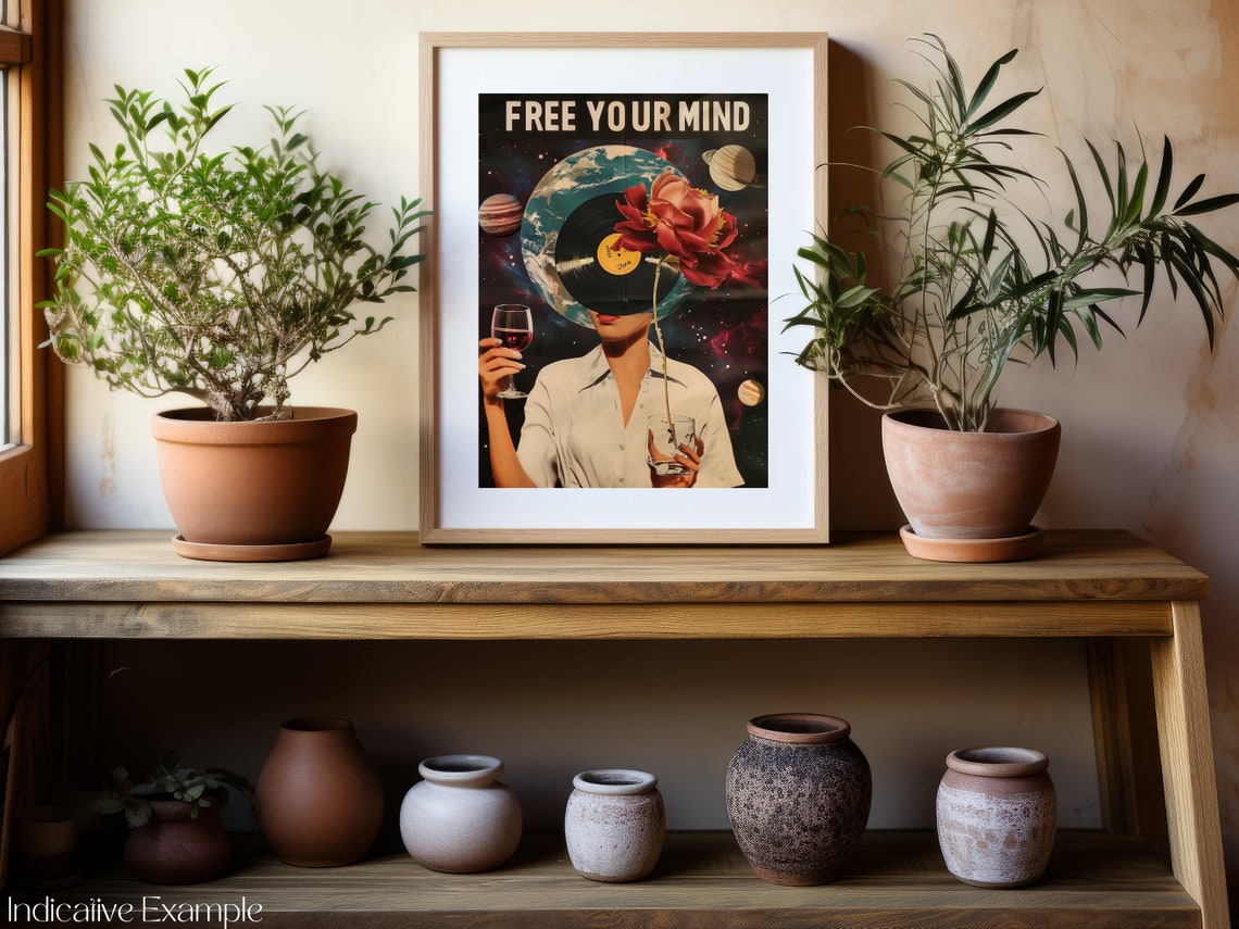 Free Your Mind Retro Vinyl Record Space Collage Wine Glass Poster - Image 2