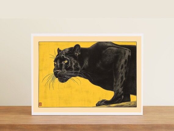 Black Panther Japanese Woodblock Style Yellow Background Poster