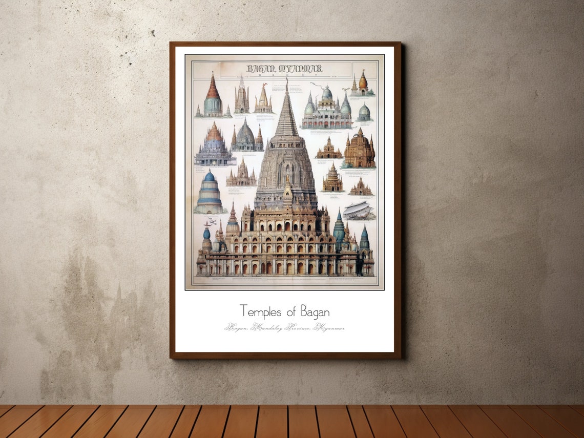 Temples of Bagan Myanmar Architectural Study Vintage Art Poster
