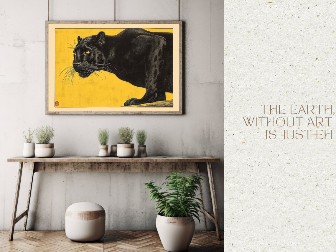 Black Panther Japanese Woodblock Style Yellow Background Poster - Image 4