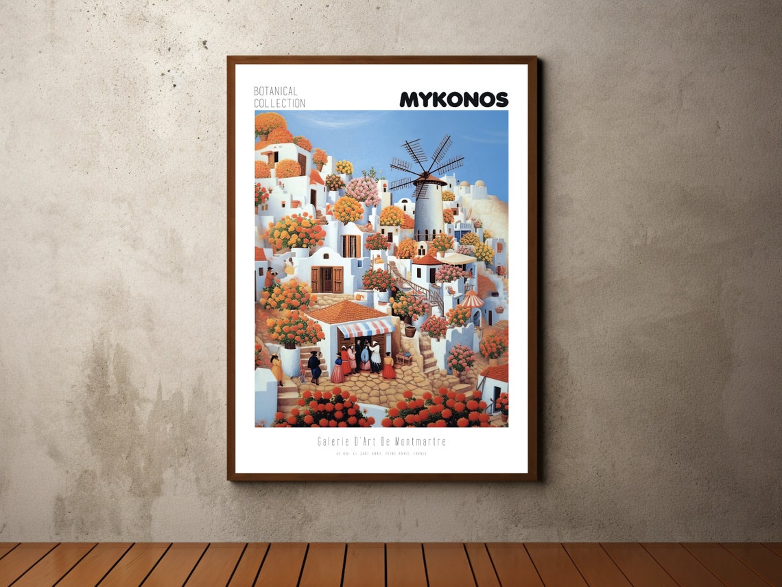 Mykonos Print Mykonos Vintage Poster Mykonos Wall Art Henri Rousseau Print Flower Market Poster Greek Islands Print Mykonos Windmills