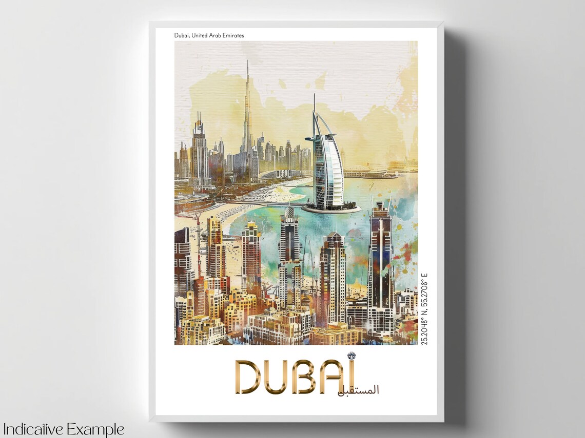 Dubai Skyline Watercolor Burj Khalifa Gold Lettering Travel Poster - Image 4