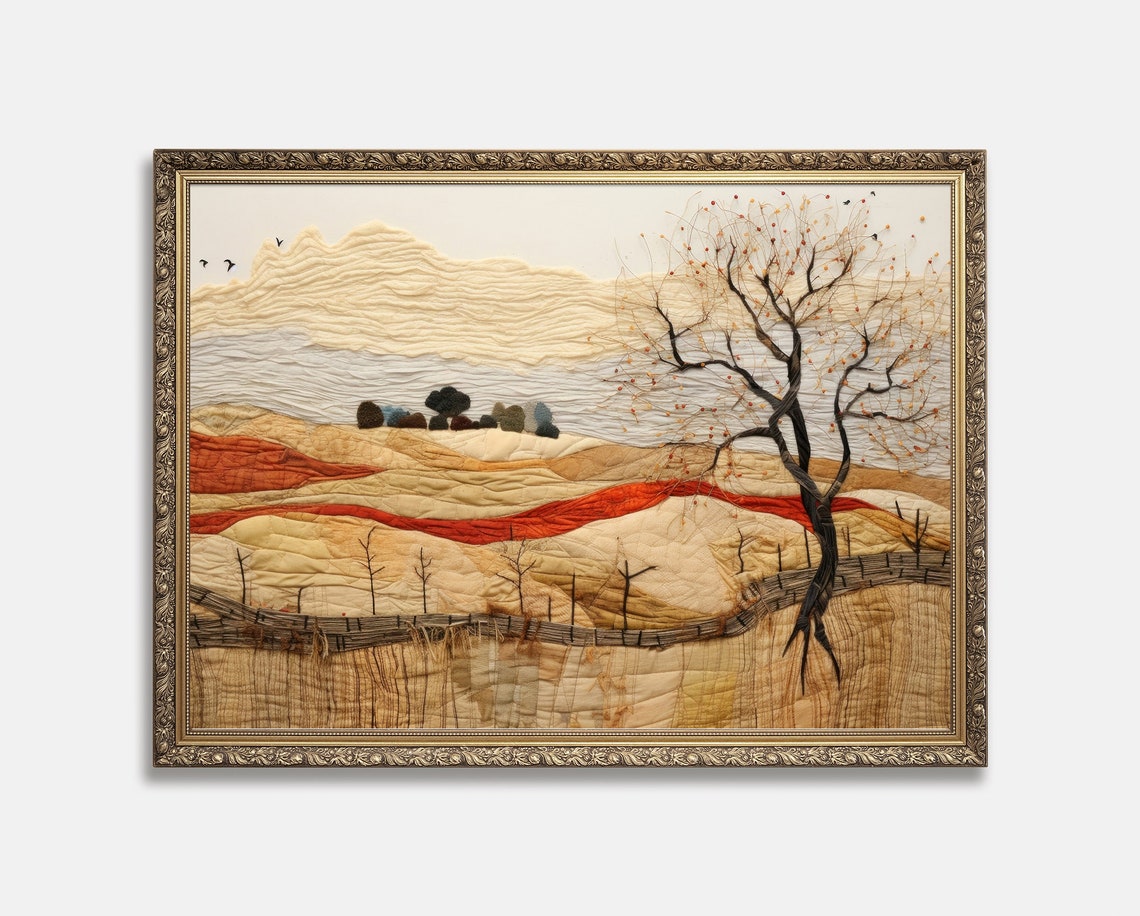 Quilted Textile Rolling Hills Landscape with Lone Bare Tree Poster - Image 3