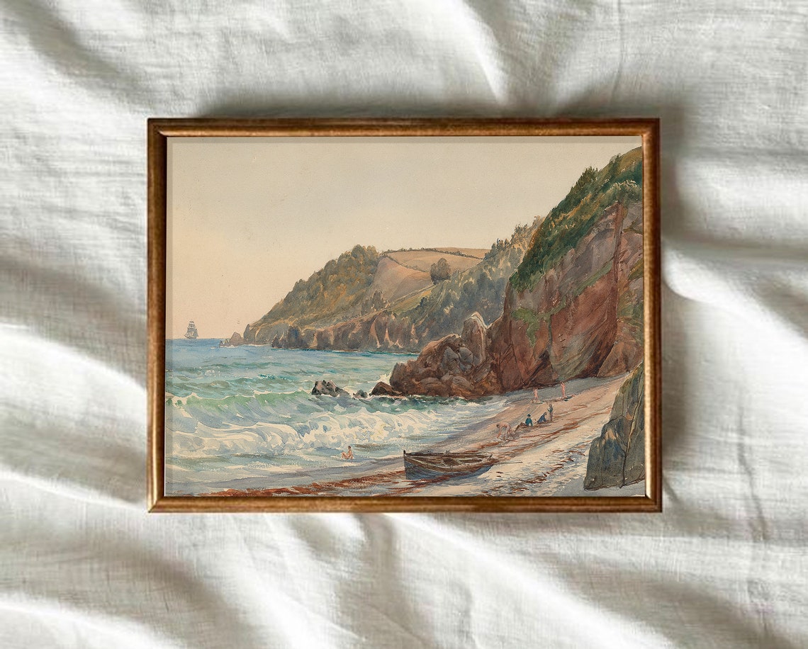 Cliff Coast Beach Waves Sailor Boat Vintage Seaside Painting Poster - Image 2