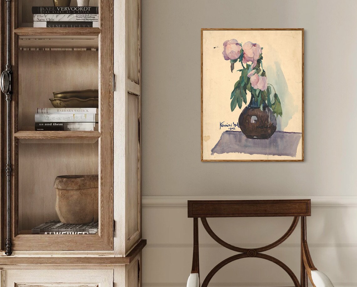 Blush Pink Roses in Dark Vase Vintage Floral Still Life Poster - Image 3