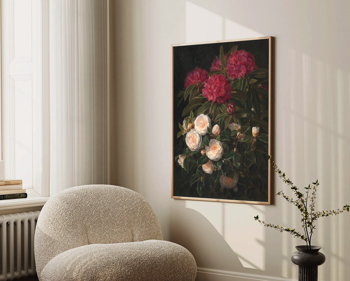 Crimson and White Camellias on Dark Background Botanical Poster - Image 4