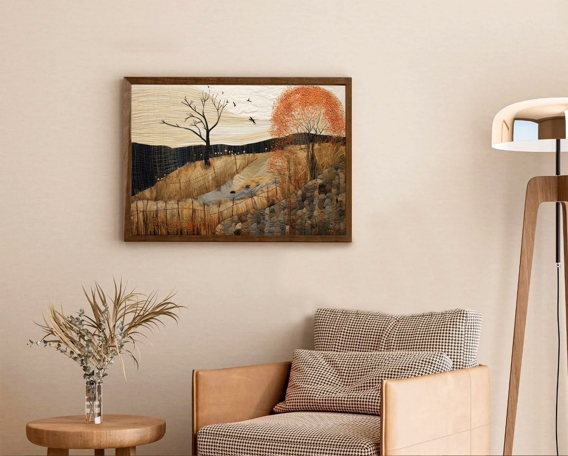 Autumn Countryside Stream with Bare Trees Textile Style Poster - Image 3