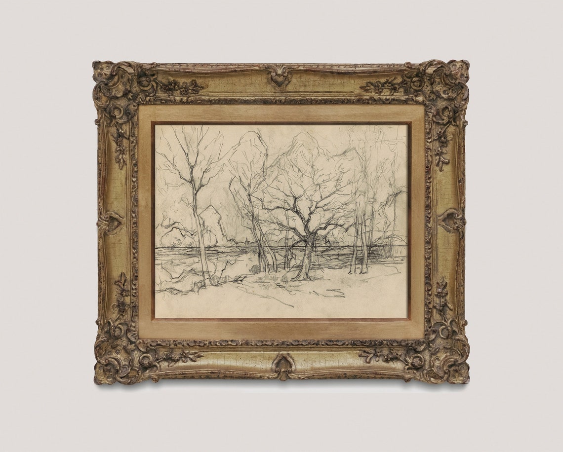 Bare Trees Pencil Sketch Black and White Vintage Landscape Poster - Image 3