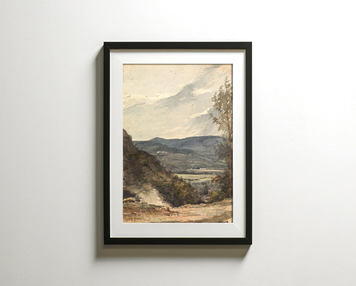 Mountain Valley View Antique Watercolor Soft Sky Landscape Poster - Image 3