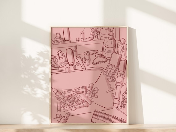 Pink Makeup Vanity Line Art Beauty Essentials Illustration Poster