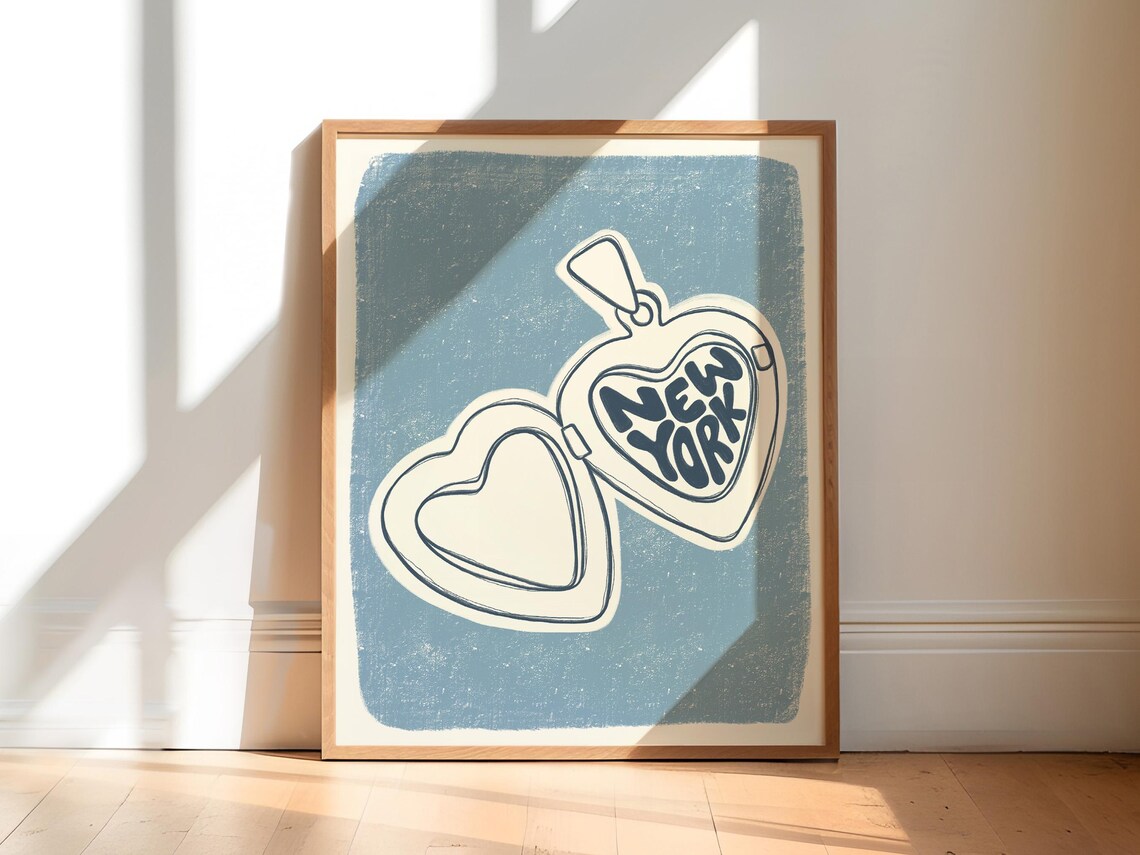 New York Heart Locket Illustration Blue Vintage Charm Dorm Wall Art