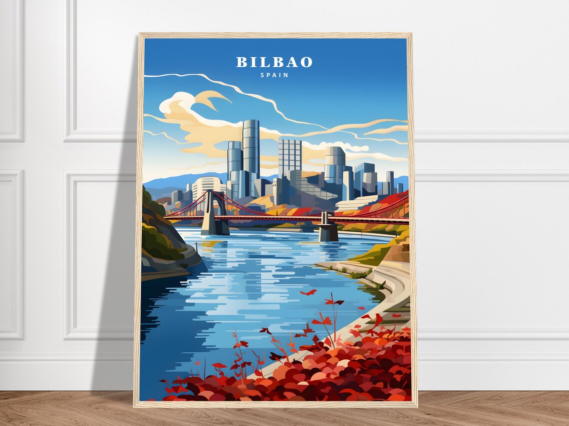 Bilbao Spain Modern Skyline River Bridge Vintage Travel Poster