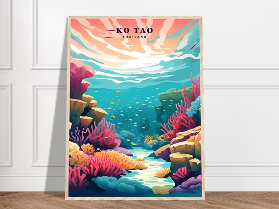 Ko Tao Thailand Underwater Coral Reef Dive Colorful Travel Poster