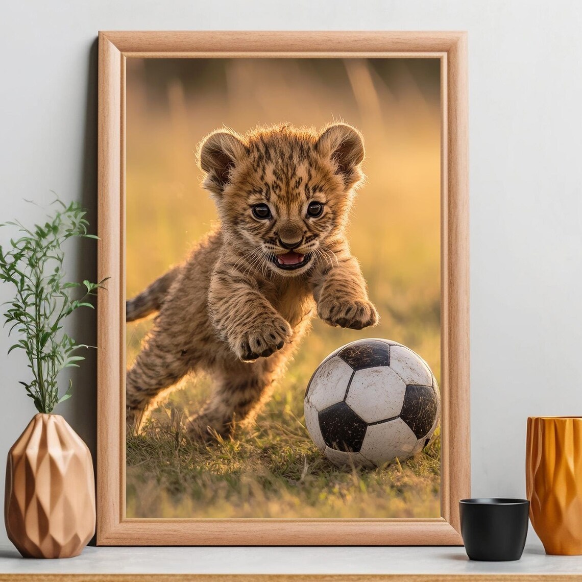 Cute Baby Lion Cub Playing Soccer, Nursery Decor