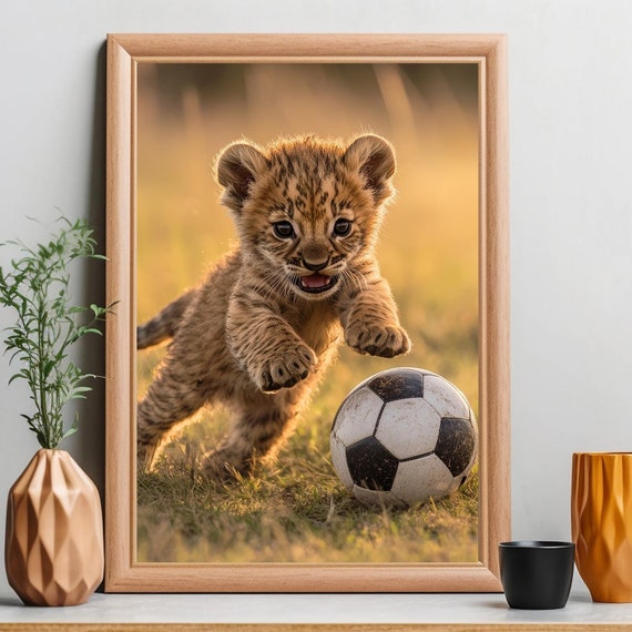 Cute Baby Lion Cub Playing Soccer, Nursery Decor