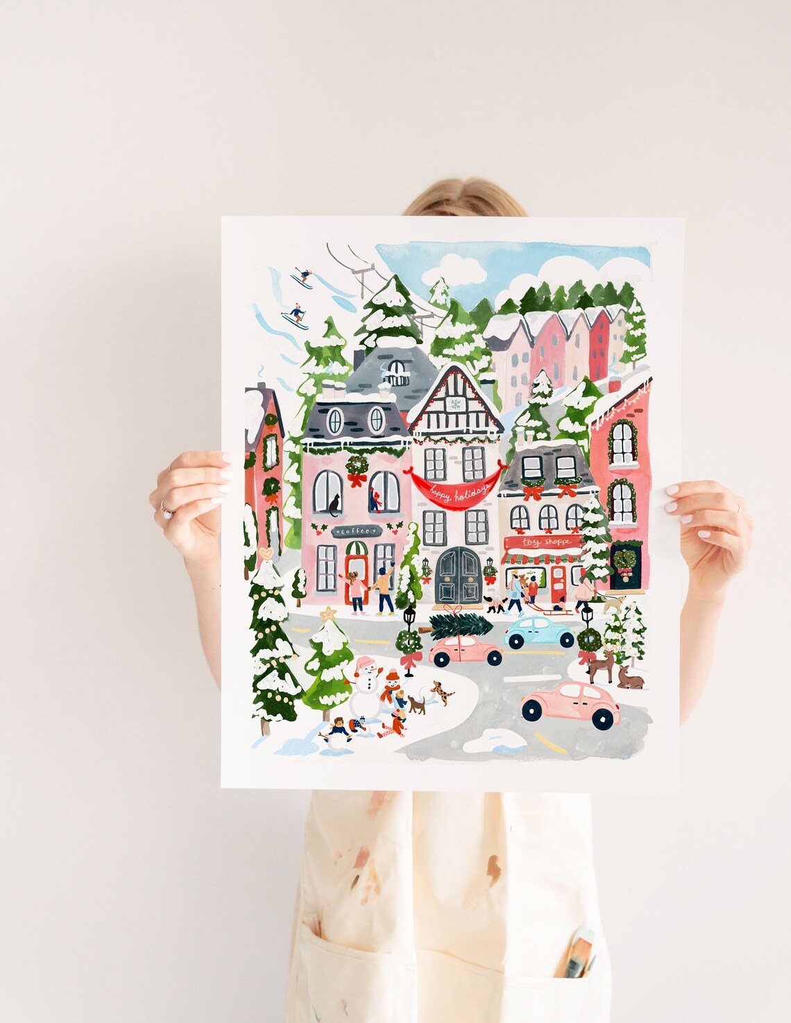 Christmas Village Art Print, Holiday Watercolor Gouache - Image 4